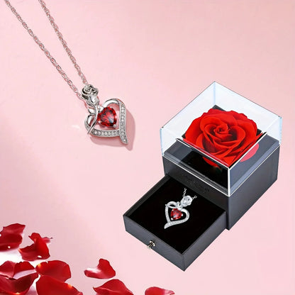 Valentinstag Geschenk Luxus rote Zirkon Herz Halskette mit Rose Geschenk-Box