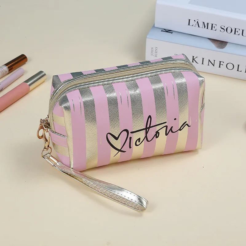 Womens Waterproof Striped Cosmetic Makeup Bag