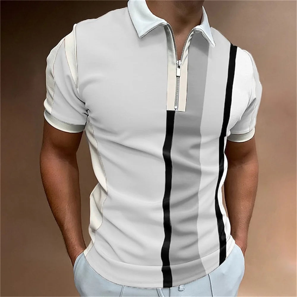 Men Zipper Striped Turn Down Collar Shirt