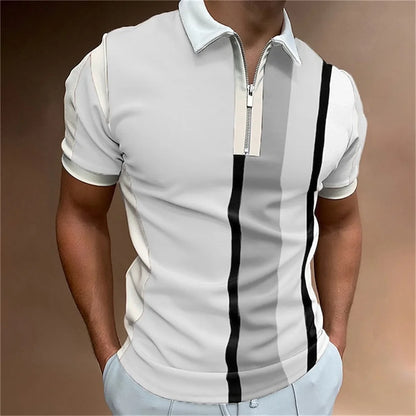 Men Zipper Striped Turn Down Collar Shirt
