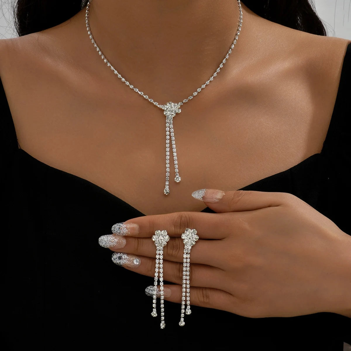 3pcs simple rhinestone necklace earrings jewelry set for women