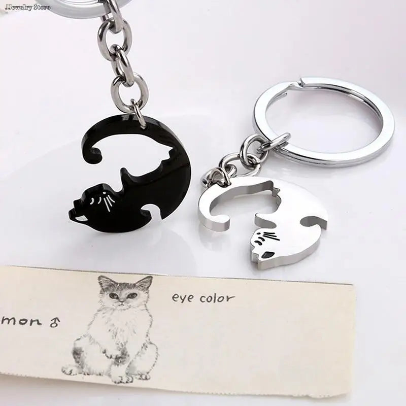 Patchwork-Herz-Schlüsselanhänger-Set mit schwarzer Katze für Paare