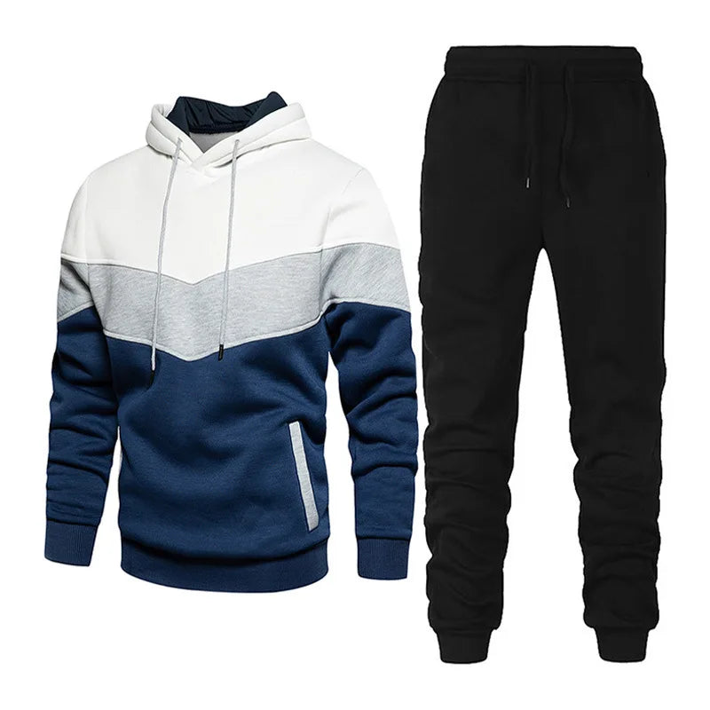 Men's Patchwork Fleece Thermal Hooded Tracksuit