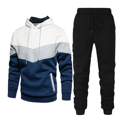 Men's Patchwork Fleece Thermal Hooded Tracksuit