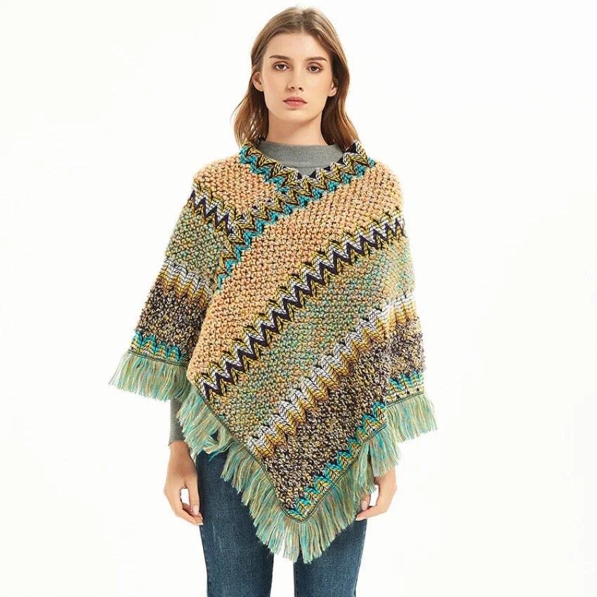 Poncho à pompons tricoté en coton, châle de voyage chaud