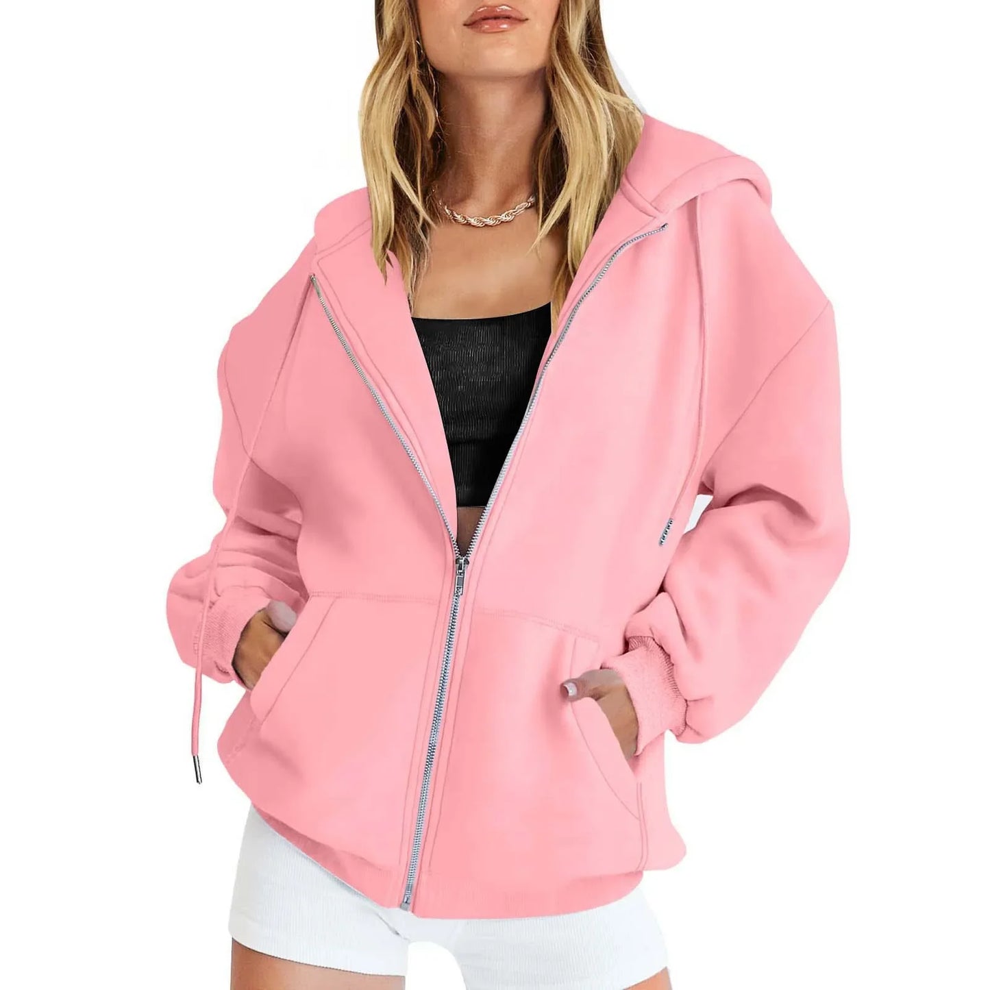 Sweat à capuche en polaire d'automne de couleur unie avec poches et fermeture éclair