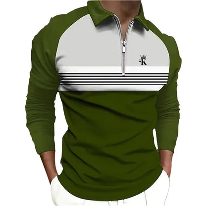 Men's Long Sleeve Stripe Golf Zipper Polo Shirt