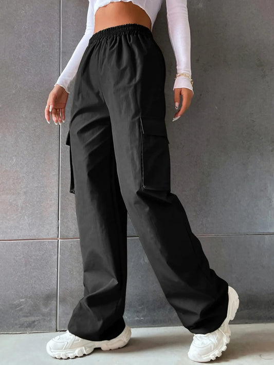Pantalon cargo à jambes larges pour femmes - Poches à rabat solides et coupe ample