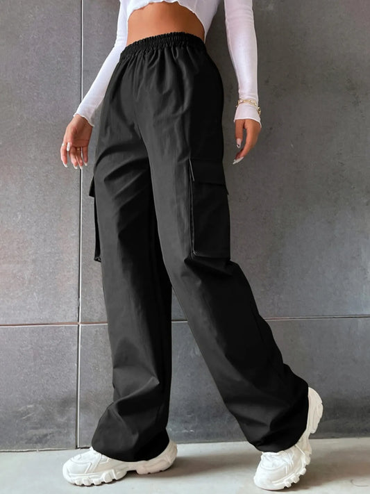 Women's Wide Leg Cargo Pants - Solid Flap Pockets and Loose Fit