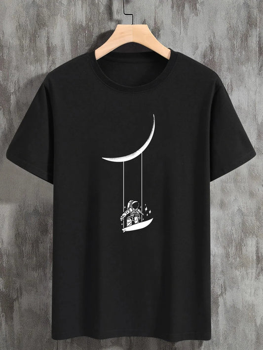 Astronaut Moon Swing Print Crew Neck Short Sleeve T Shirt