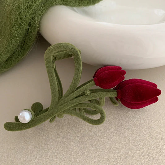 Griffe à cheveux en perles de tulipe en velours - Pinces à cheveux à fleurs rouge vin