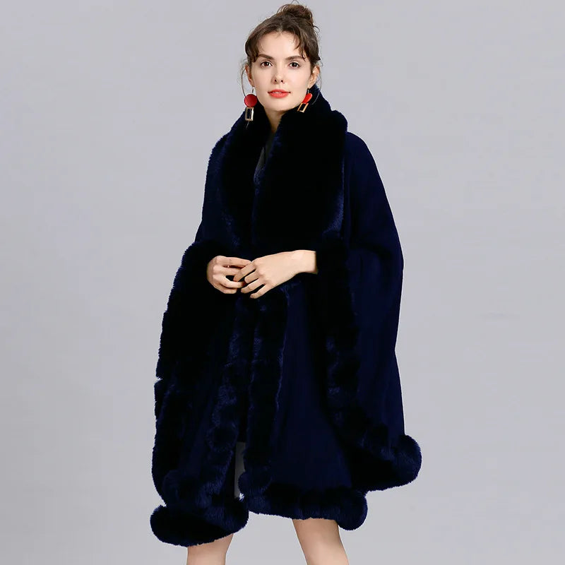 Women's Winter Plaid Hooded Fur Collar Shawl