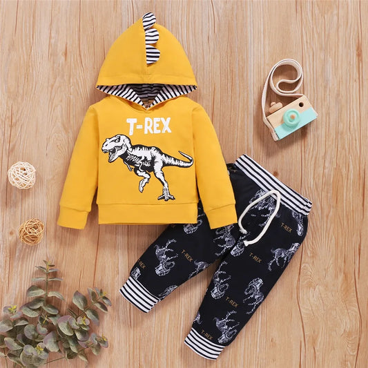 Baby Boy Clothes Set Printed Hooded Long Sleeved Casual Outfit
