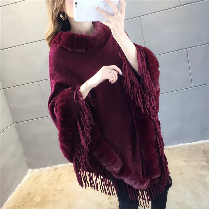 Winter Rabbit Fur Wool Collar Shawl Warmth Poncho