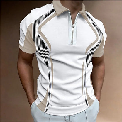 Men Zipper Striped Turn Down Collar Shirt