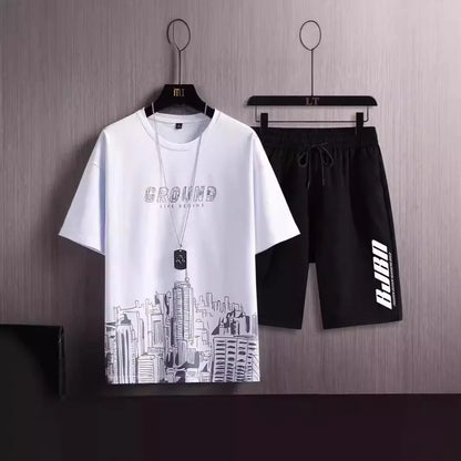 Men Gradient Ice Silk Short Sleeve Shorts Set