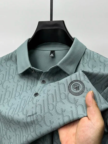New High-end Silk Short Sleeved Polo Shirt for Men's Luxurious Embossed
