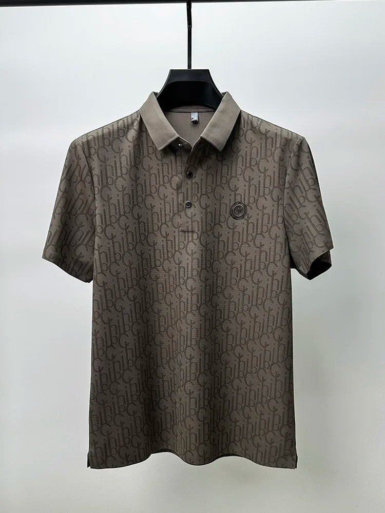 New High-end Silk Short Sleeved Polo Shirt for Men's Luxurious Embossed
