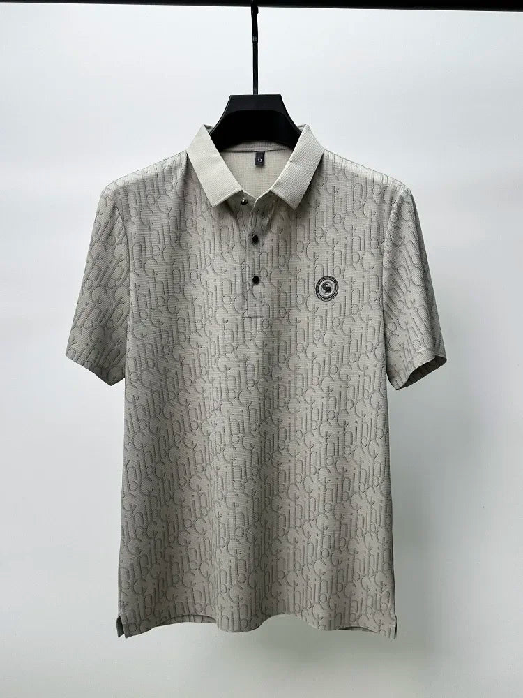 New High-end Silk Short Sleeved Polo Shirt for Men's Luxurious Embossed
