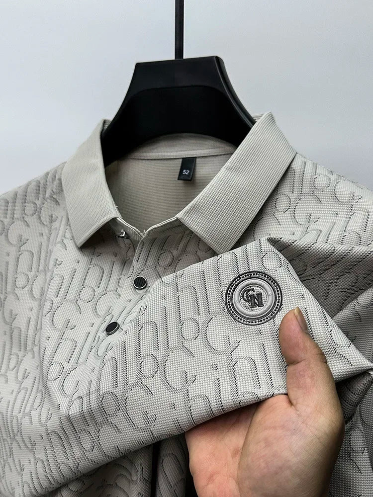 New High-end Silk Short Sleeved Polo Shirt for Men's Luxurious Embossed
