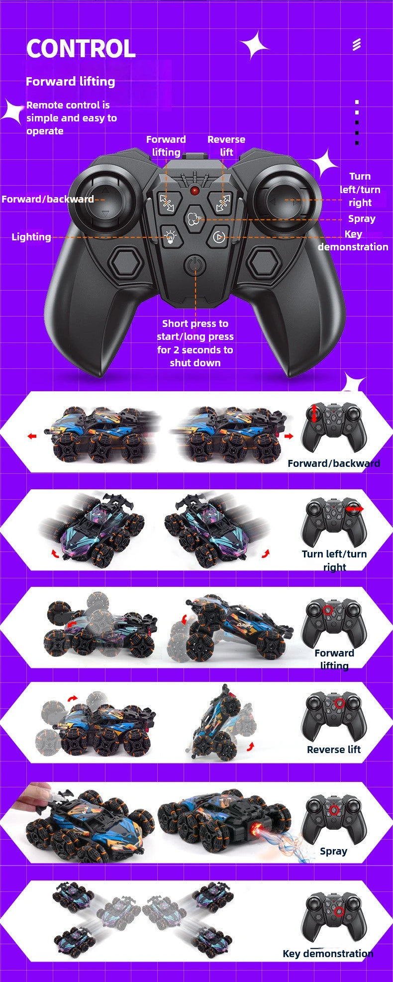 Spray Twisting Stunt RC Car - Six-Wheel Toy