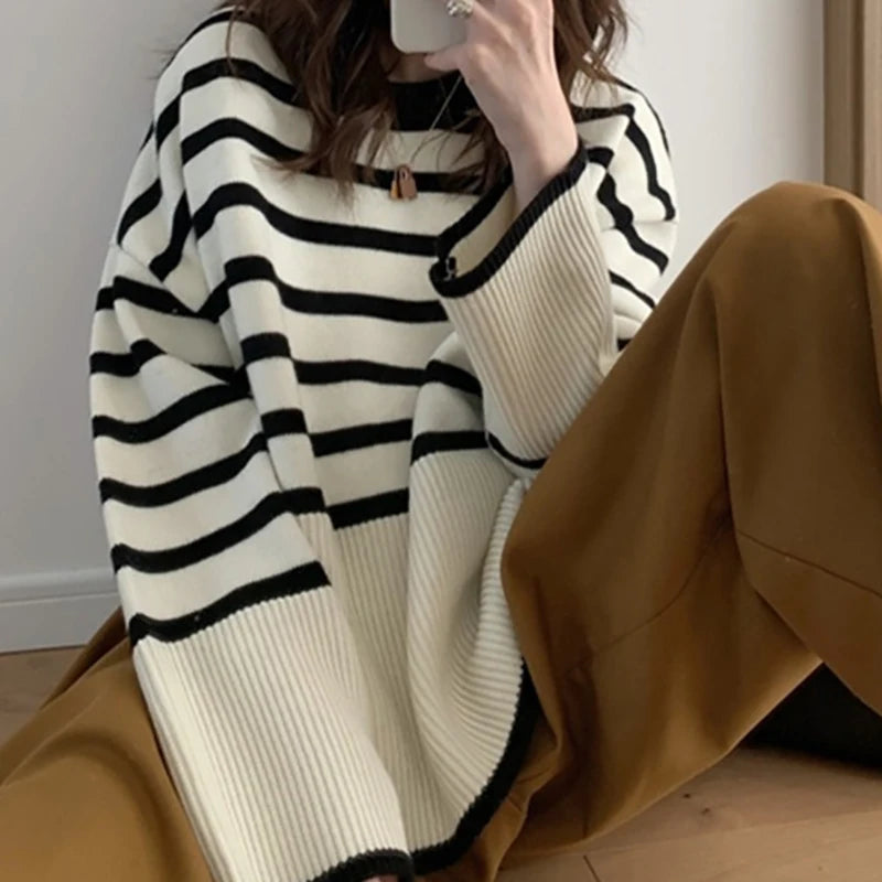 Striped Knitted Long-sleeved Loose Women Sweater