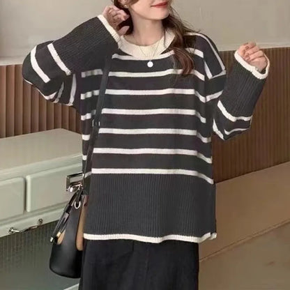 Striped Knitted Long-sleeved Loose Women Sweater