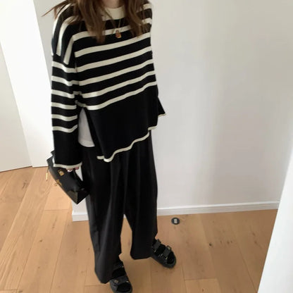 Striped Knitted Long-sleeved Loose Women Sweater