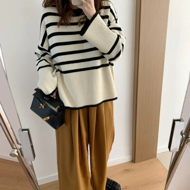 Striped Knitted Long-sleeved Loose Women Sweater