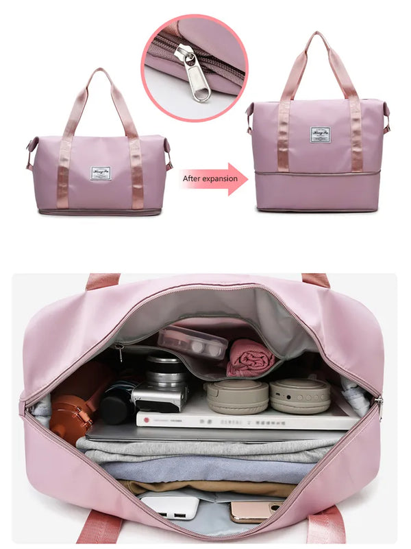 Travel duffle bag showing soft material and solid pattern.