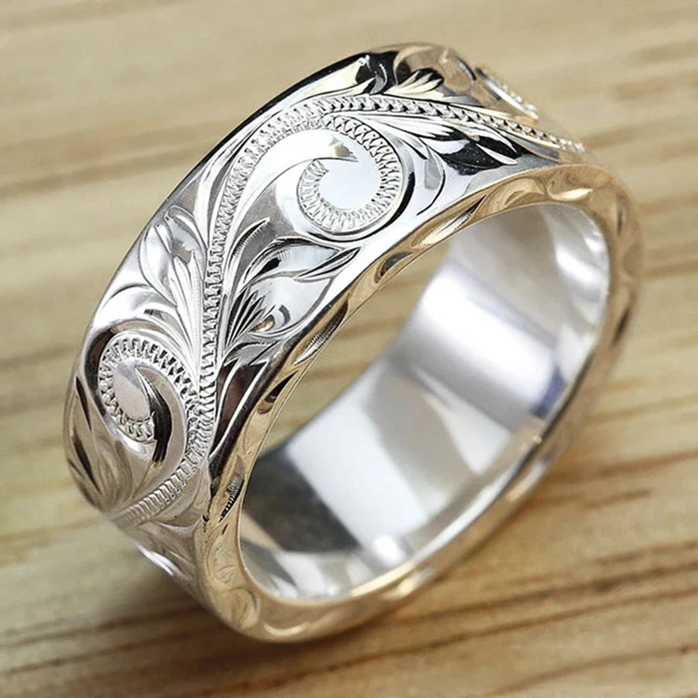 Trendy Engraved Flower Leaf Wedding Rings