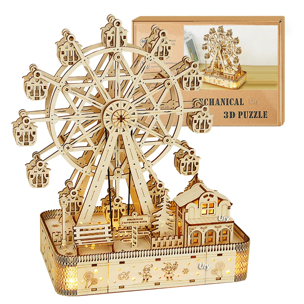 Ury 3D Wooden Puzzles Led Rotatable Ferris Wheel Music Octave Box Toy for Kid