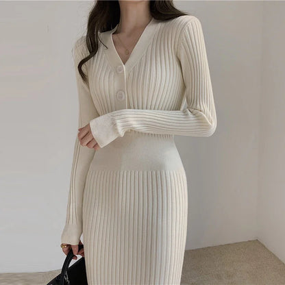 V-Neck Patchwork Fried Dough Twists Pattern Long Knit Dress
