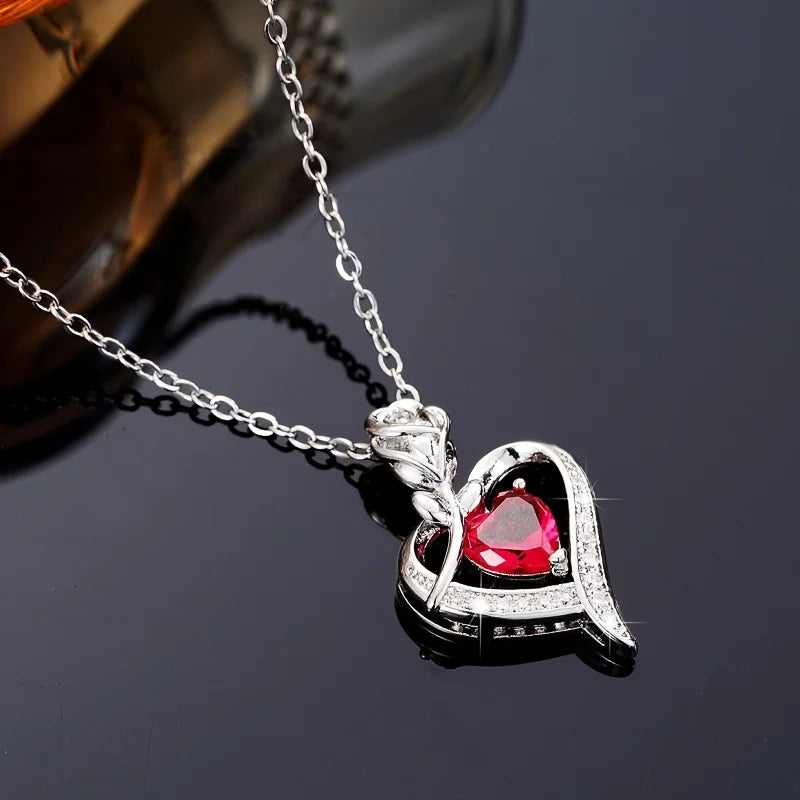 Valentine Gift Luxury Red Heart Necklace With Rose Gift Box