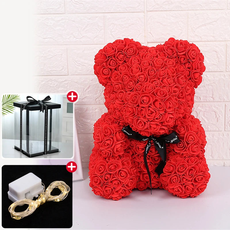 Valentine Gifts Decoration Rose Bear Artificial Flower With Box Lights Teddy Bear