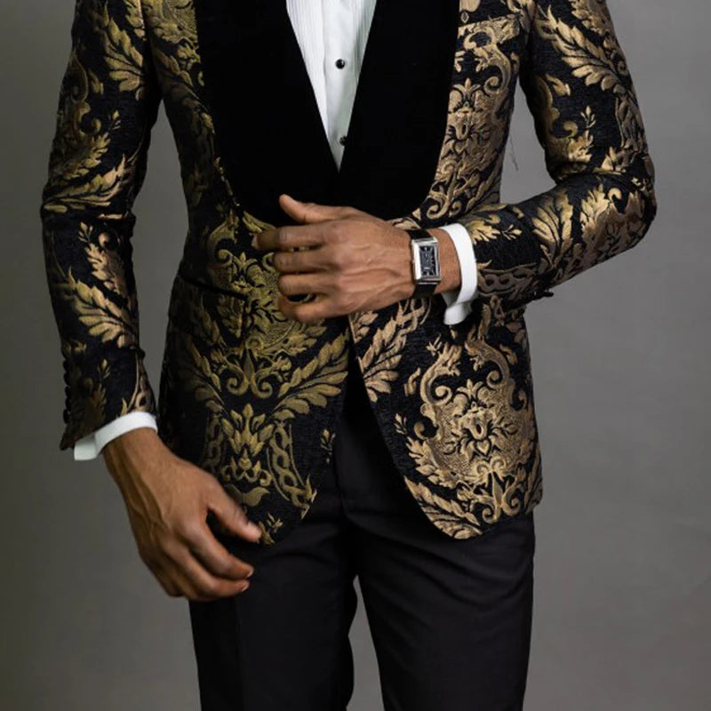 Men's Double Breasted Black Gold Jacquard Wedding Suits
