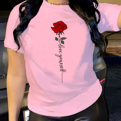 Women Letter Rose Print Crew Neck T-Shirt