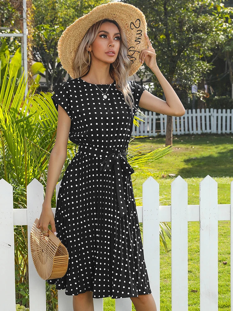 Women Sundress Polka Dot Pleated Midi Dress