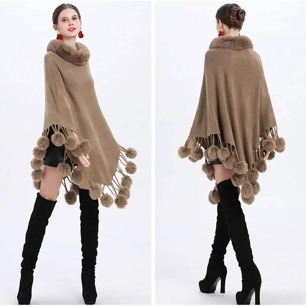 Women’s Faux Fur Collar Tassel Poncho Coat Display