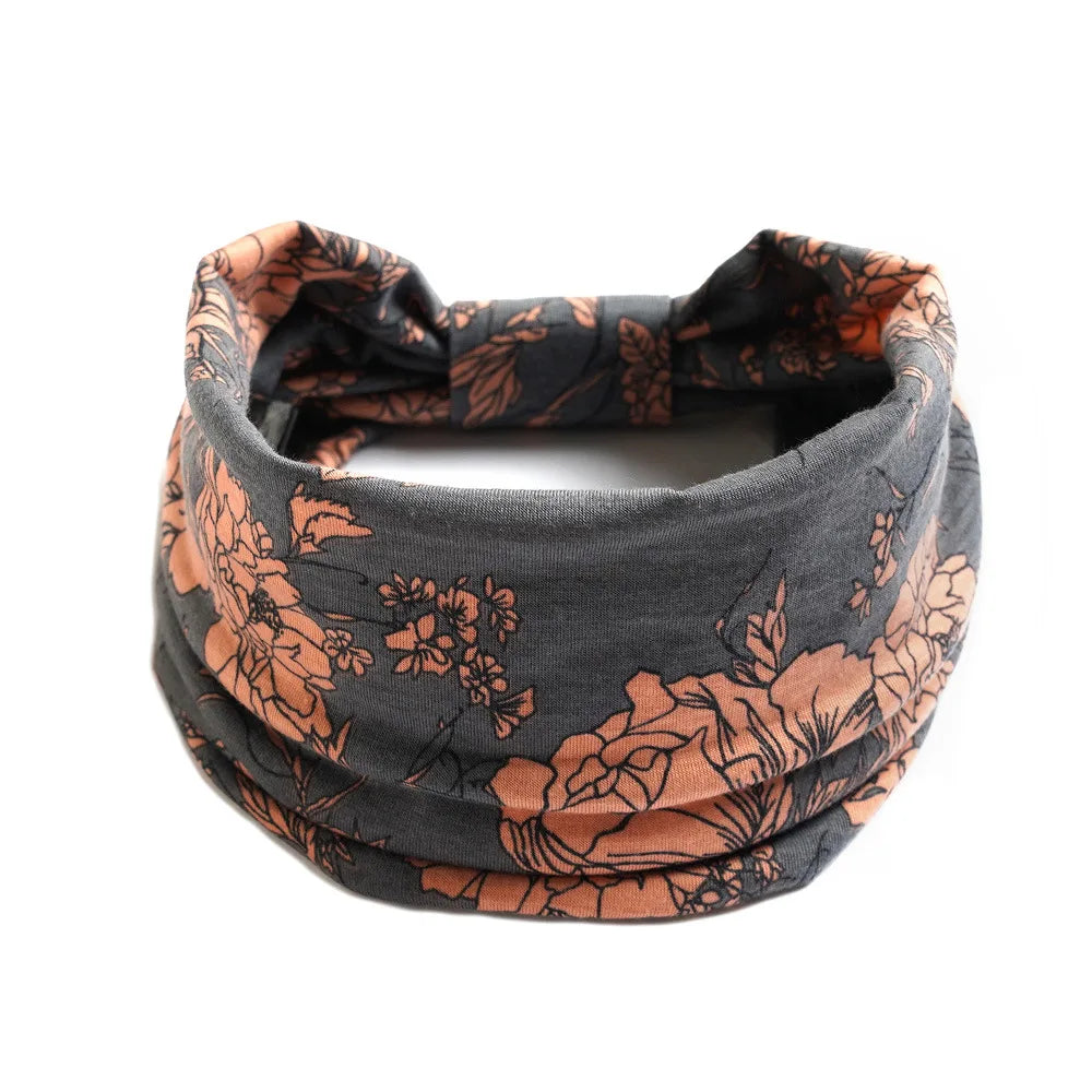 Women Flower Print Elastic Wide Cotton Headband