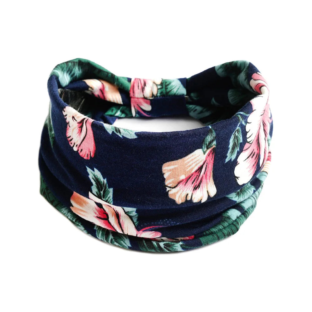 Women's Flower Print Elastic Wide Cotton Headbands