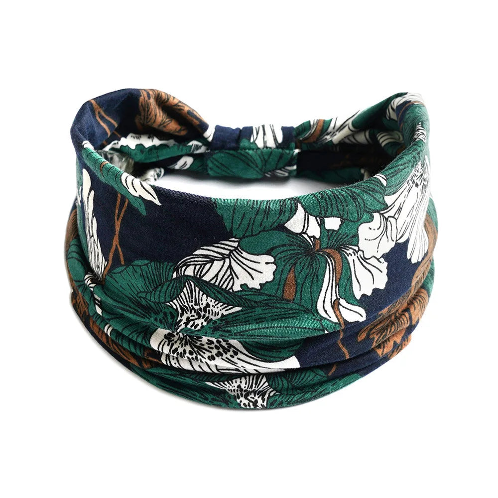 Women Flower Print Elastic Wide Cotton Headbands