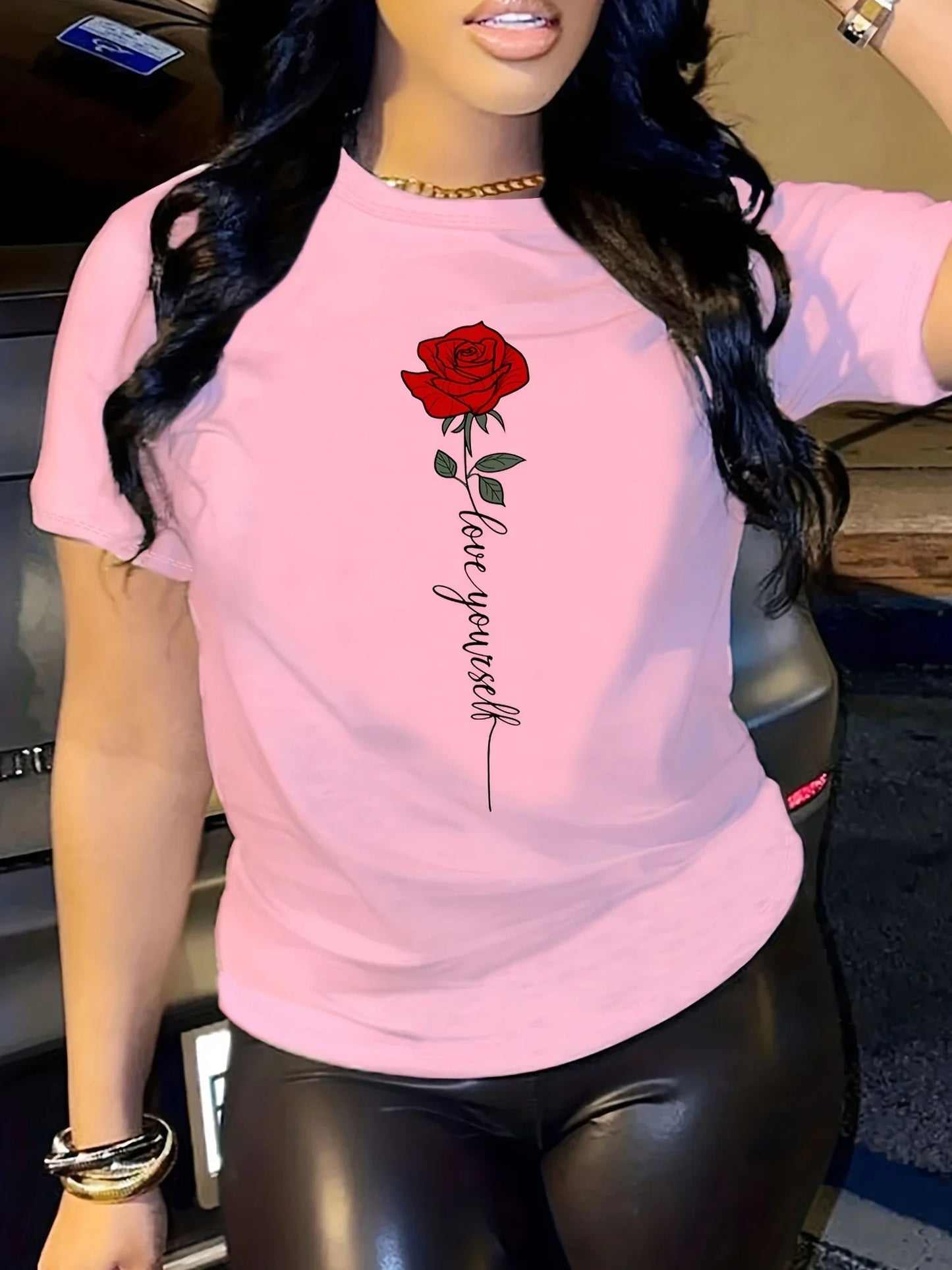 Women Letter Rose Print Crew Neck T-Shirt