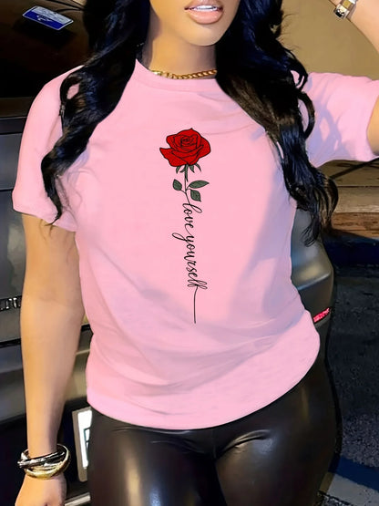 Women Letter Rose Print Crew Neck T-Shirt
