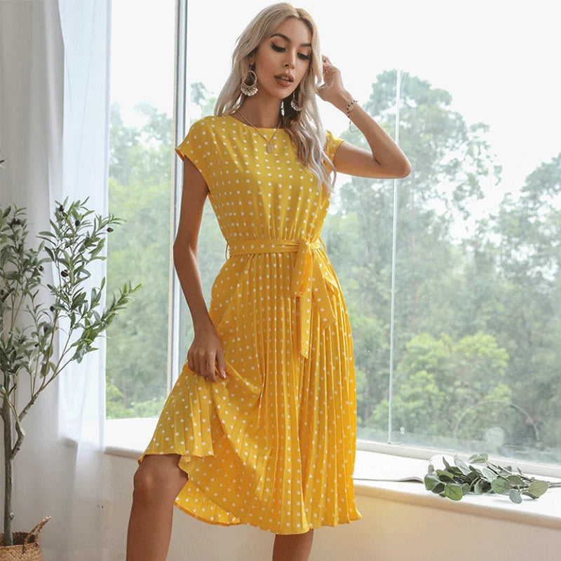 Women High Waist Pleated Midi Dress