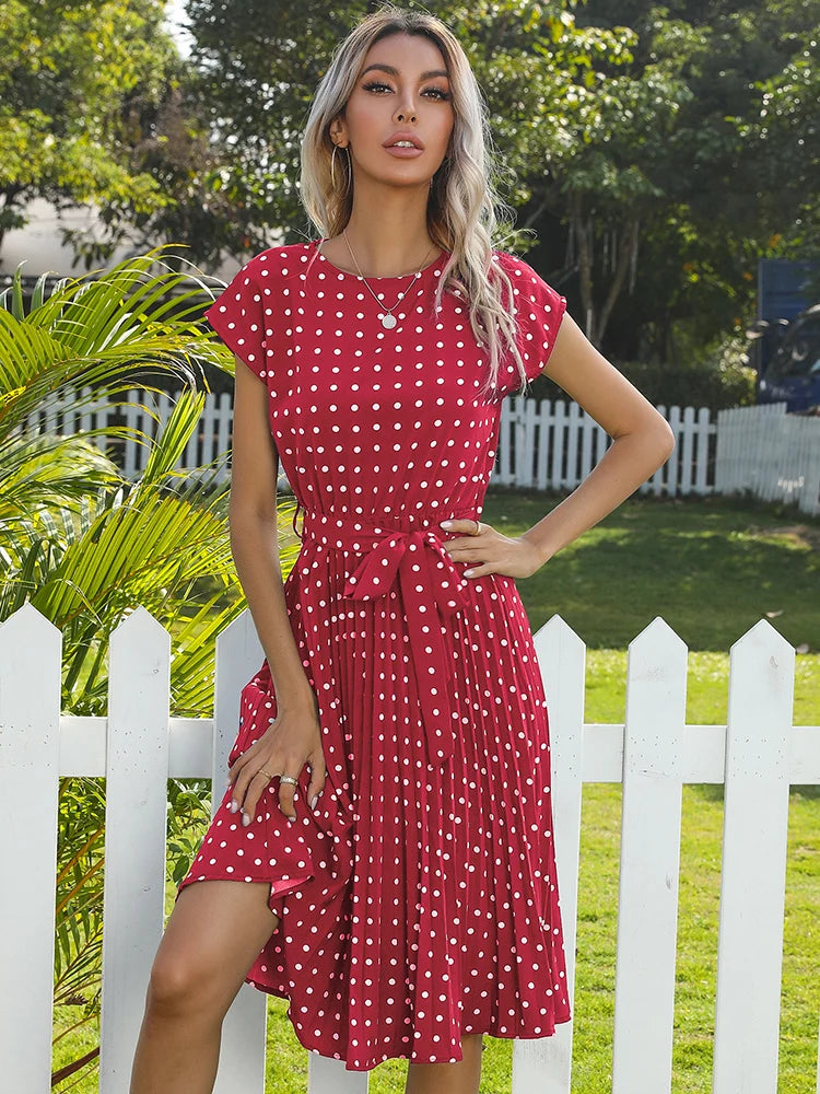 Women Sundress Polka Dot Pleated Midi Dress
