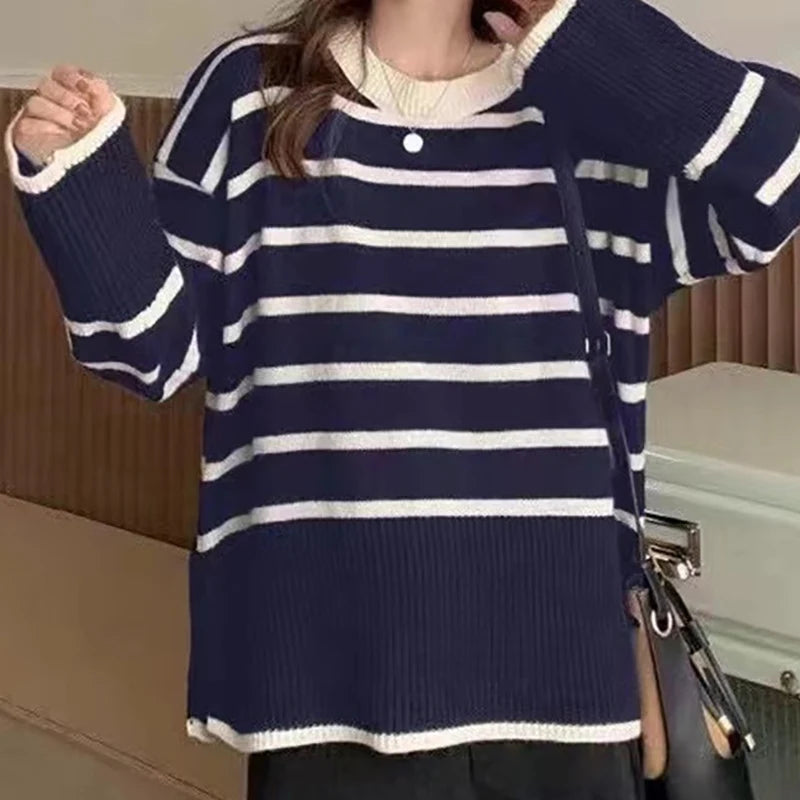 Striped Knitted Long-sleeved Loose Women Sweater