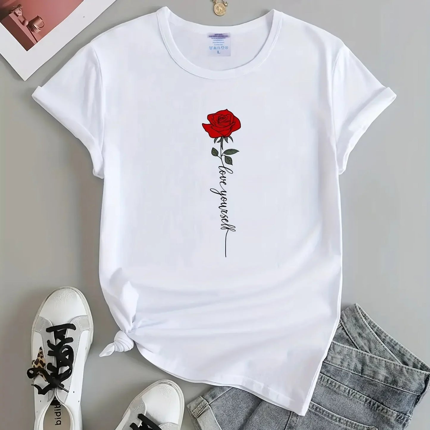 Women Letter Rose Print Crew Neck T-Shirt