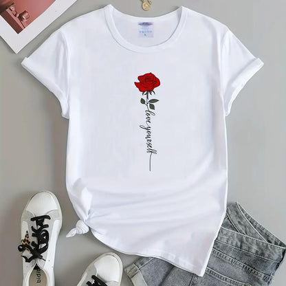 Women Letter Rose Print Crew Neck T-Shirt