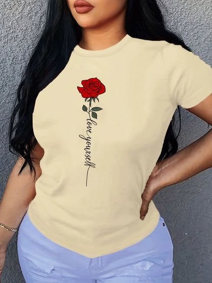 Women Letter Rose Print Crew Neck T-Shirt